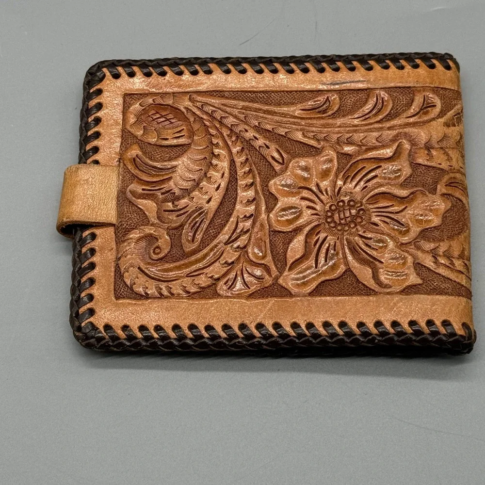 Vintage‎ Tooled Leather Western Bifold Wallet Floral Whipstitch Tan Brown Unisex
